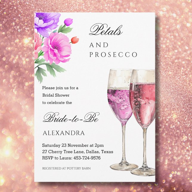 Pink Floral Petals and Prosecco Bridal Shower Invitation (Creator Uploaded)