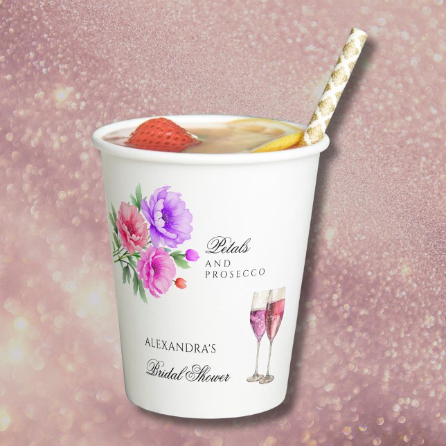 Pink Floral Petals and Prosecco Bridal Shower Paper Cups (Creator Uploaded)