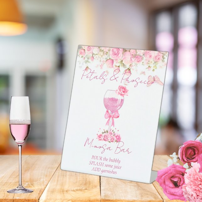 Pink Floral Petals & Prosecco Bridal Shower Pedestal Sign (Creator Uploaded)