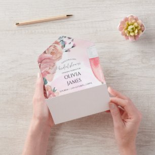 Pink floral petals & prosecco summer bridal shower all in one invitation