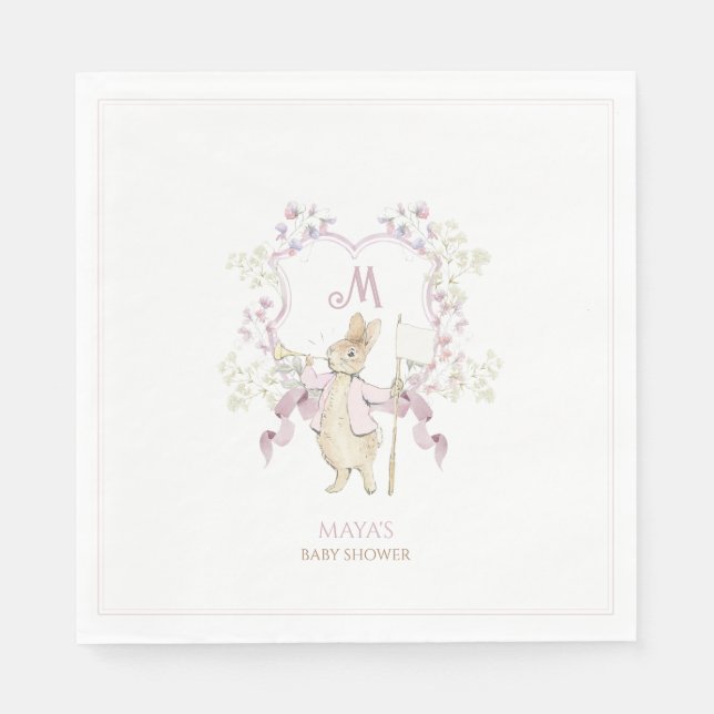 Pink Floral Peter the Rabbit Monogram Baby Shower Napkin (Front)