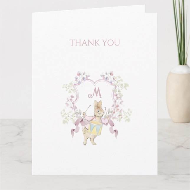 Pink Floral Peter the Rabbit Monogram Baby Shower Thank You Card (Front)