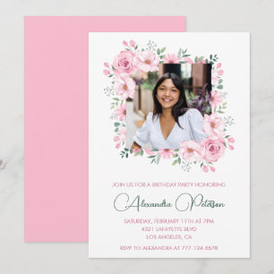 Pink Floral Photo 34th birthday invitations 