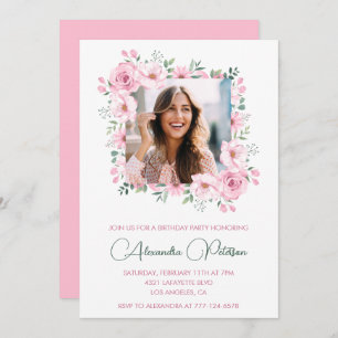 Pink Floral Photo 41st birthday invitations 
