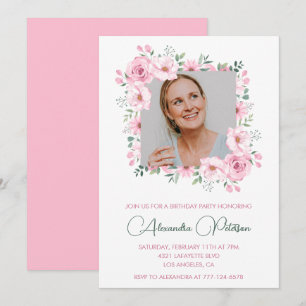Pink Floral Photo 52nd birthday invitations 
