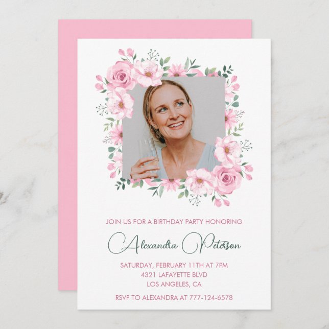 Pink Floral Photo 67th birthday invitations  (Front/Back)