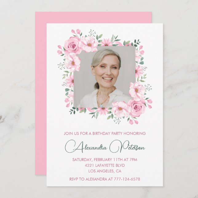 Pink Floral Photo 72nd birthday invitations  (Front/Back)