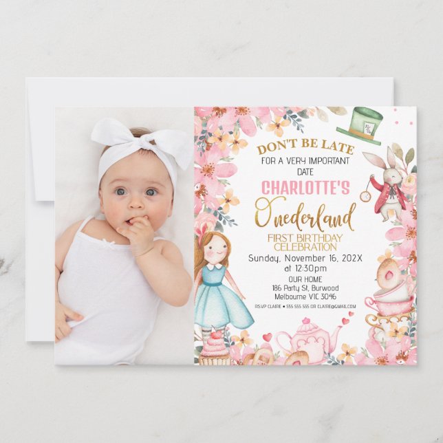 Pink Floral Photo Alice Onederland 1st Birthday  Invitation (Front)
