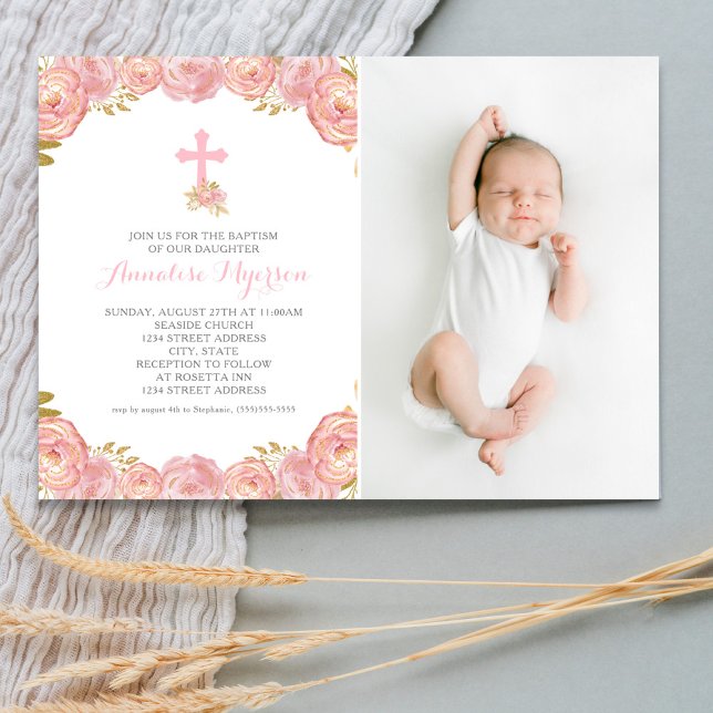 Pink Floral Photo Baptism Invitation (Creator Uploaded)