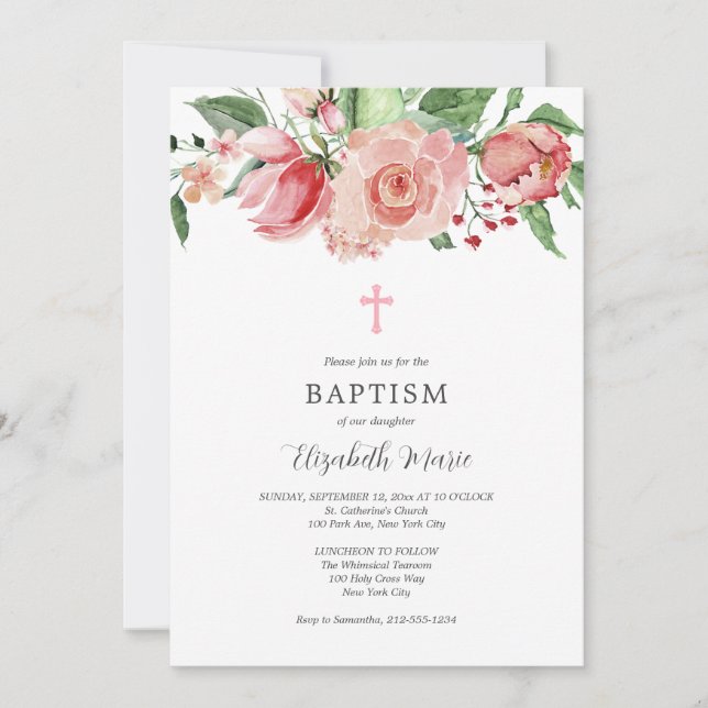 Pink Floral Photo Bible Verse Baptism for Girls Invitation (Front)