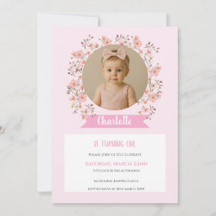 Pink Floral Photo Birthday Invitation for Girl