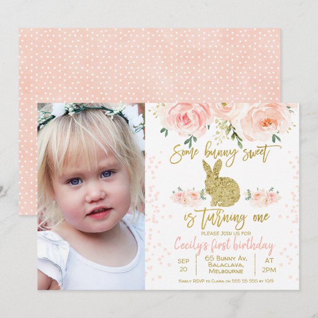 Pink floral photo bunny 1st Birthday Invitation (Front/Back)