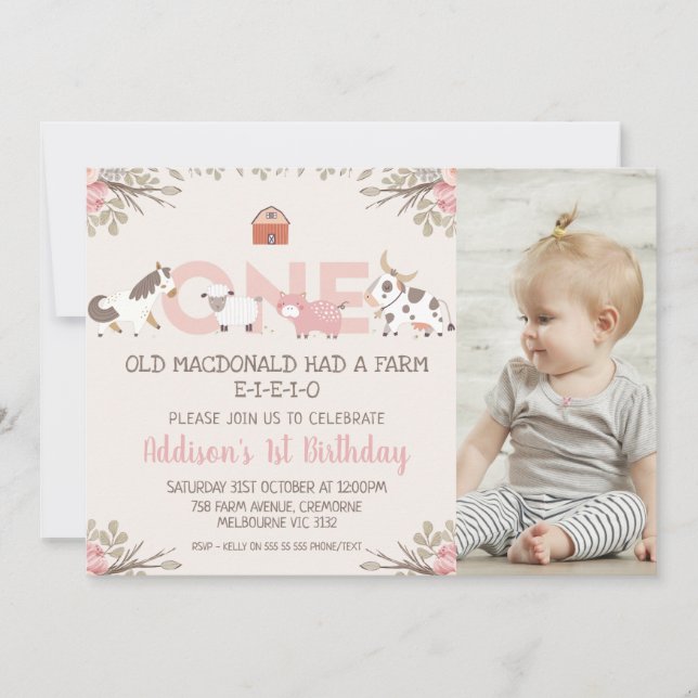 Pink Floral Photo Farm Farmyard 1st Birthday Invitation (Front)