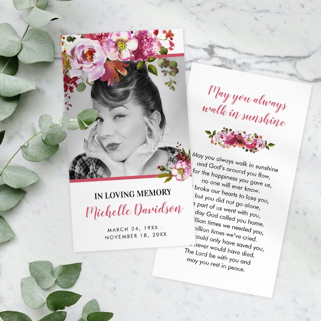 Pink Floral Photo Funeral Prayer Card (Creator Uploaded)