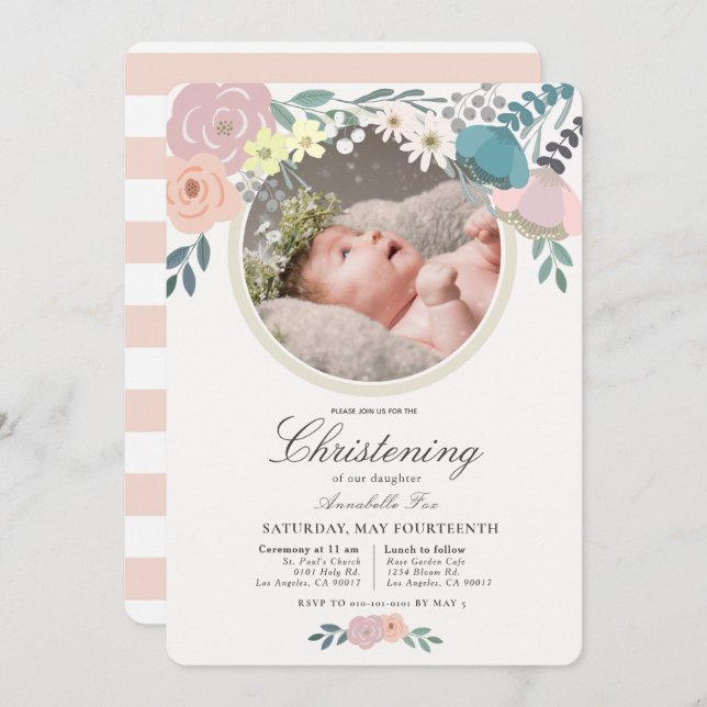 Pink Floral Photo Girl Christening Invitation (Front/Back)