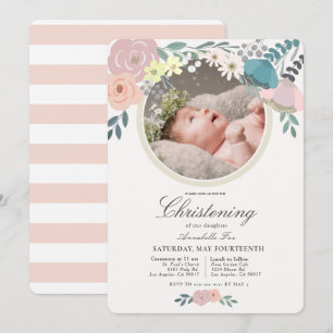 Pink Floral Photo Girl Christening Invitation