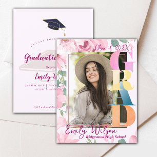 Pink Floral Photo Graduation Party Mini Invitation