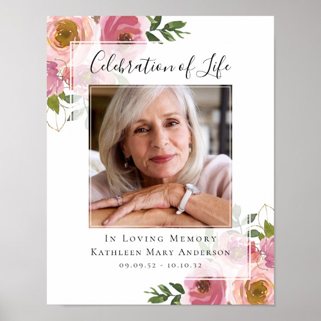 Pink Floral Photo In Loving Memory Welcome Sign (Front)