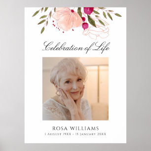 Pink Floral Photo Life Celebration Memorial Sign