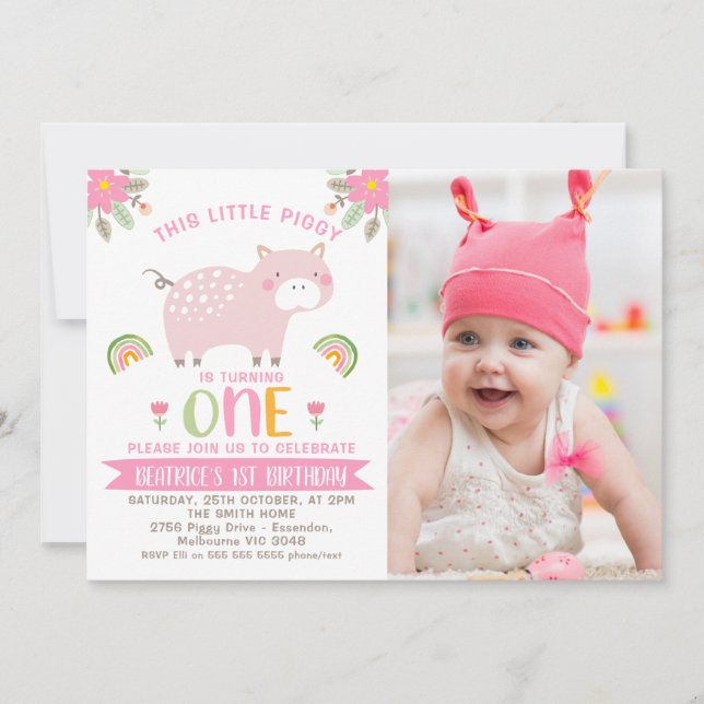 Pink Floral Photo Little Piggy 1st Birthday Invitation (Front)
