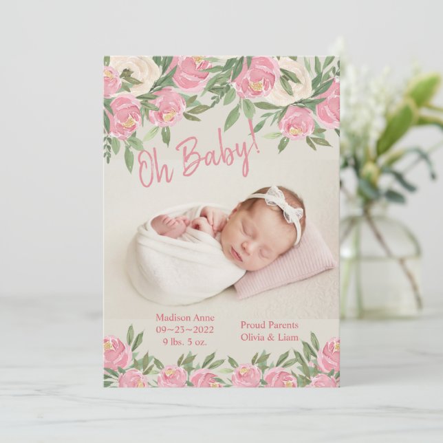 Pink Floral Photo Oh Baby Script Birth Announcement (Standing Front)