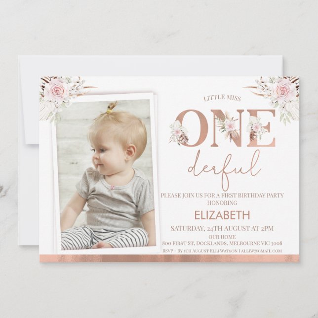 Pink Floral Photo Onederful 1st Birthday  Invitation (Front)