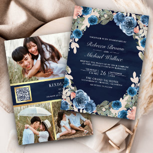 Pink Floral Photo QR Code Dark Blue Wedding Invitation