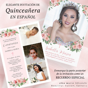 Pink Floral Photo Quinceañera Invitation Spanish