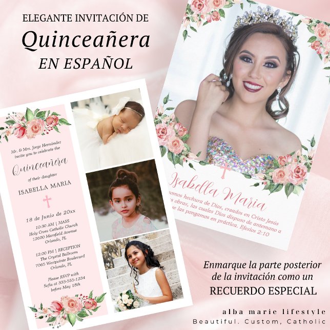 Pink Floral Photo Quinceañera Invitation Spanish (Creator Uploaded)