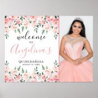 Pink Floral Photo Quinceanera Welcome Sign