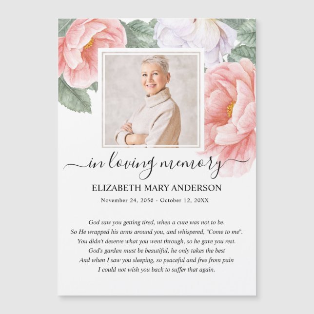 Pink Floral Photo Sympathy Funeral Prayer Card (Front)