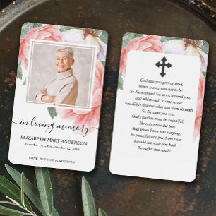 Pink Floral Photo Sympathy Funeral Prayer Card