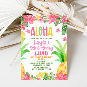 Pink Floral Pineapple Aloha Luau Birthday Invitation