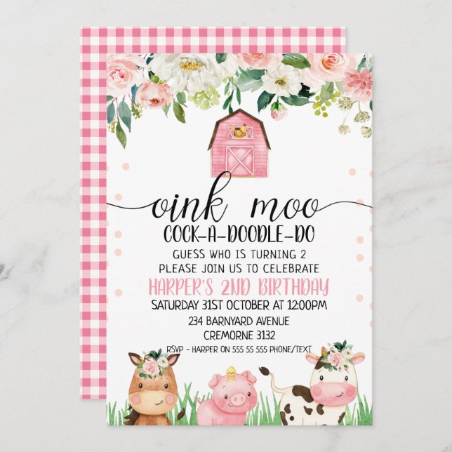 Pink Floral Plaid Farm Animal Birthday Invitation (Front/Back)