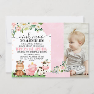 Pink Floral Plaid Farm Photo 1st Birthday Invitation