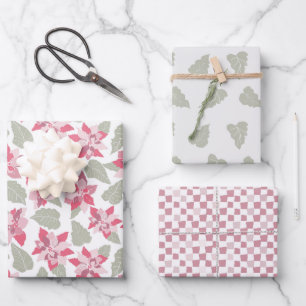 Pink Floral Poinsettias Christmas Wrapping Paper