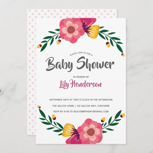 Pink Floral Polka Dot Baby Shower Party Invitation (Front/Back)