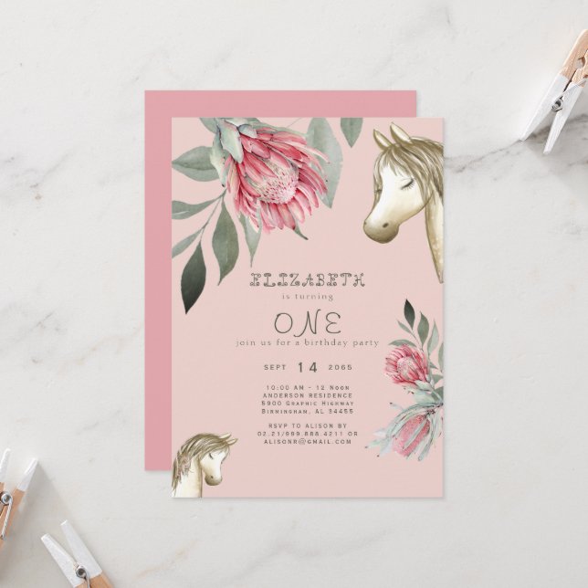 Pink Floral Pony Birthday Party Invitation (Front/Back In Situ)