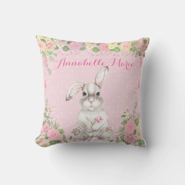 Pink Floral Precious Easter Bunny Rabbit Nursery Cushion (Front)