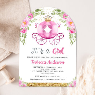 Pink Floral Princess Carriage Arch Baby Shower Invitation