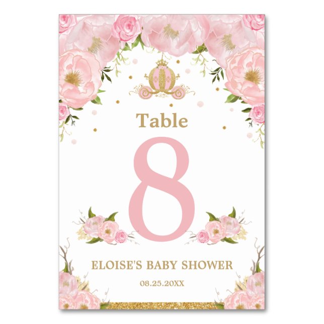 Pink Floral Princess Carriage Girl Baby Shower Table Number (Front)