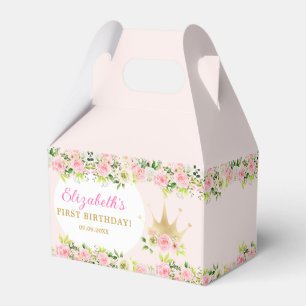 Pink Floral Princess Crown 1st Birthday Favour Box