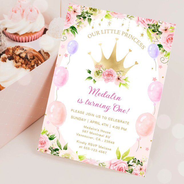 Pink Floral Princess Crown 1st Birthday Invitation (Creator Uploaded)