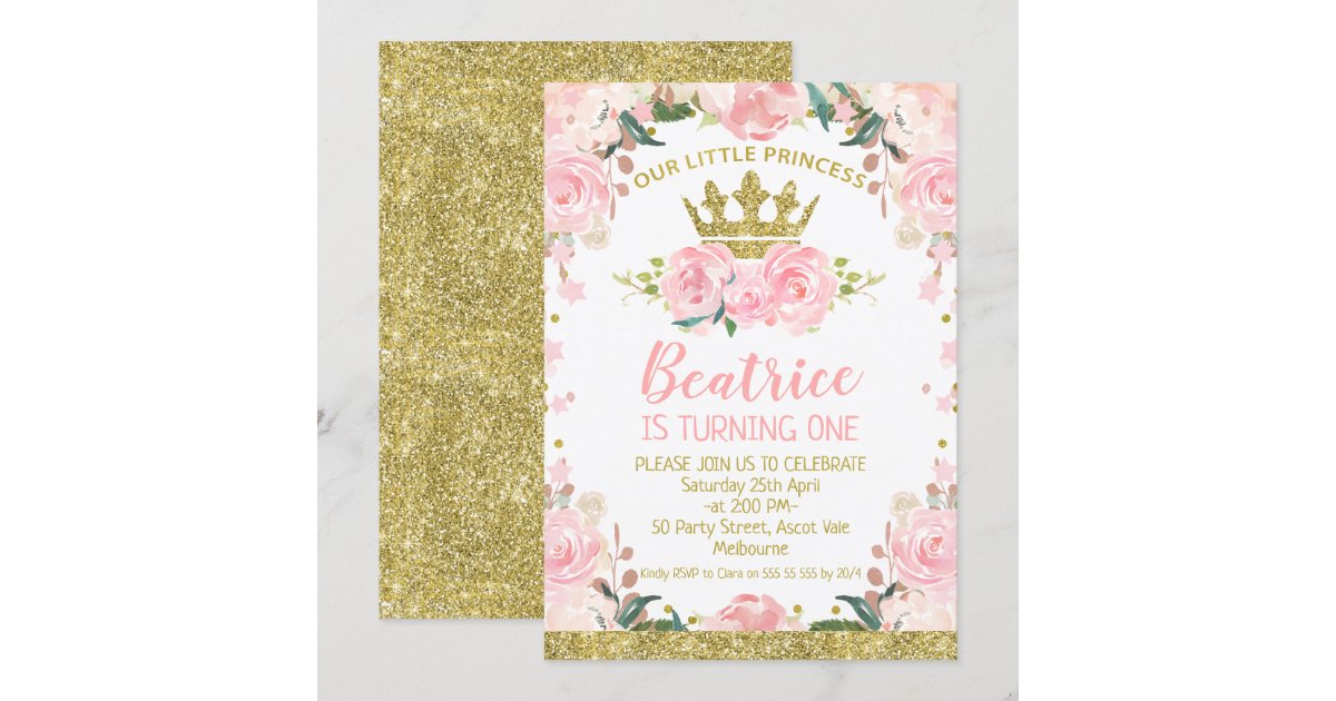 Pink Floral Princess Crown 1st Birthday Invitation | Zazzle