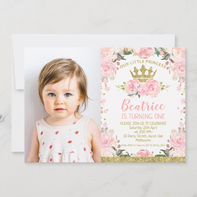 Pink Floral Princess Crown Photo 1st Birthday Invitation (Front)