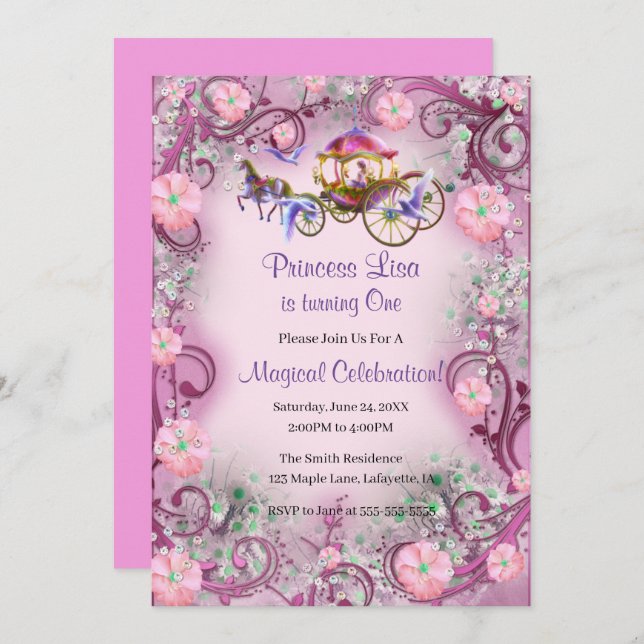 Pink Floral Princess Fairy Tail 1st Birthday Invitation (Front/Back)