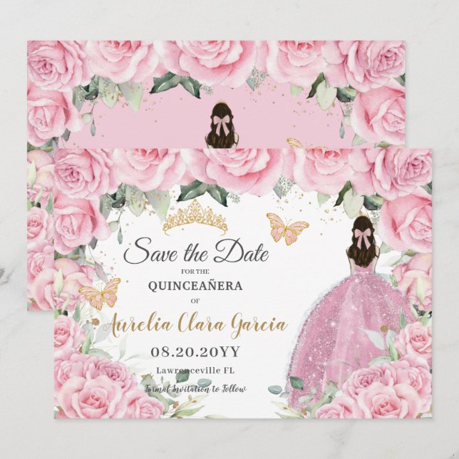 Pink Floral Princess Quinceañera Quince Sweet 16  Save The Date (Front/Back)