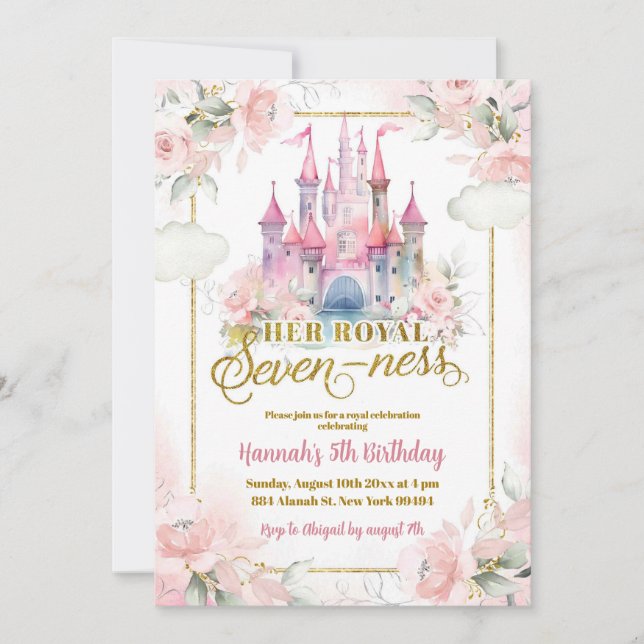 Pink Floral Princess Royal Castle 7th Birthday Invitation (Front)