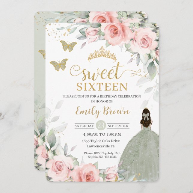 Pink Floral Princess Sage Green Sweet Sixteen Invitation (Front/Back)