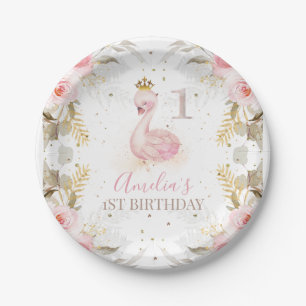 Pink Floral Princess Swan 1st Birthday  Paper Plate